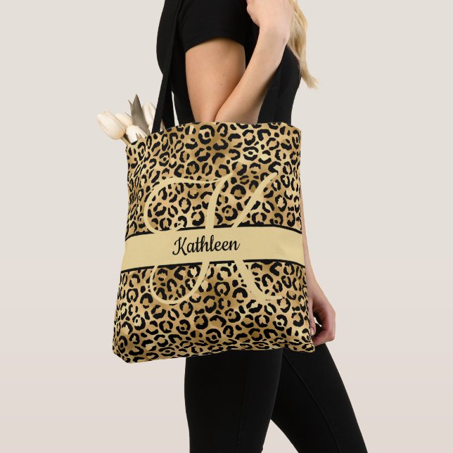Tote Bag Nom du monogramme Black Gold Empreinte de léopard  (De près)