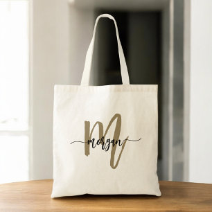 Tote Bag Nom du monogramme Black Gold Modern Script