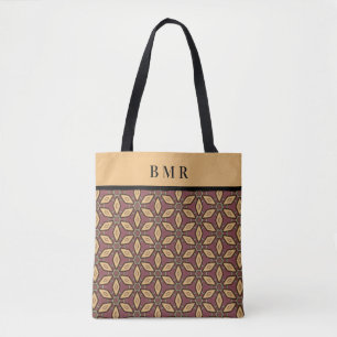 Tote Bag Nom du monogramme Bourgogne Tan Noir Abstrait Flor