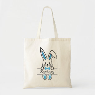 Tote Bag Nom du monogramme de lapin de Pâques bleu mou