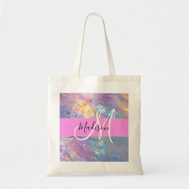 Tote Bag Nom du monogramme d'iridescendance rose-fille (Devant)