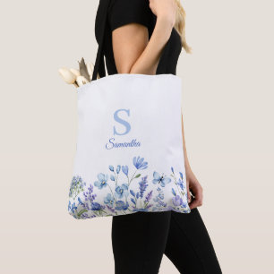 Tote Bag Nom du monogramme floral bleu
