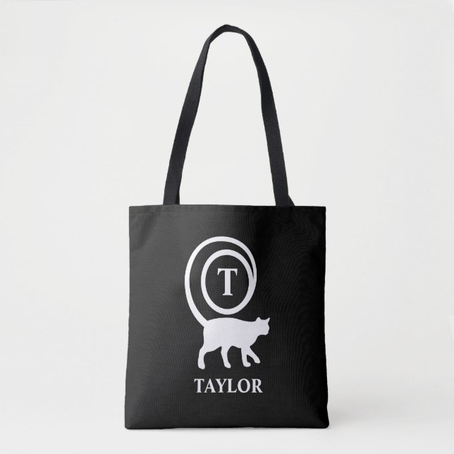 Tote Bag Nom du monogramme Kitty initial Chat Lover noir bl (Devant)