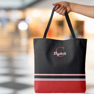 Tote Bag Nom du monogramme moderne mignon initial rouge noi