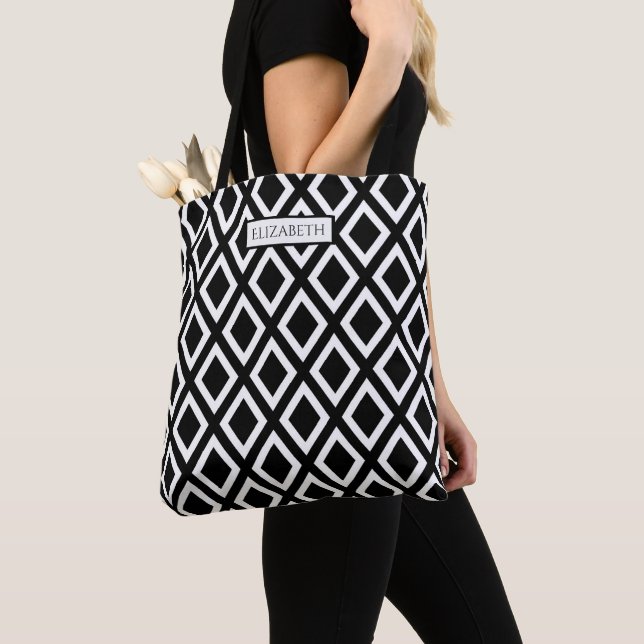 Tote Bag Nom du motif en diamant géométrique noir blanc (De près)