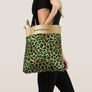 Tote Bag Nom du motif léopard vert émeraude