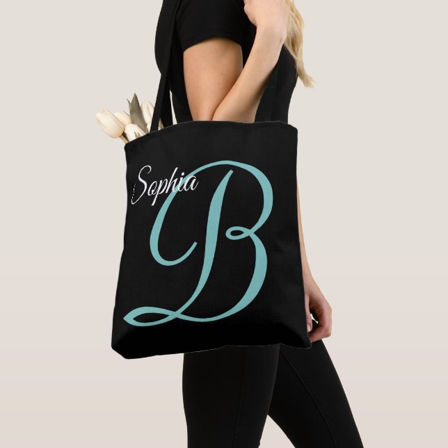 Tote Bag Nom du script et monogramme sur fond noir (De près)