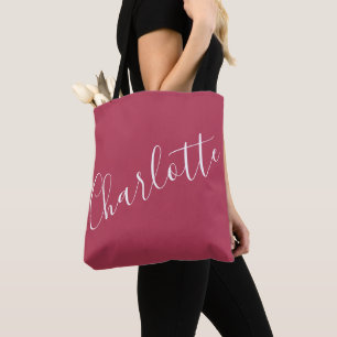 Tote Bag Nom élégant personnalisé en écriture rouge magenta