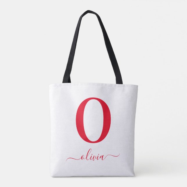 Tote Bag Nom en écriture Monogram Personnalisé Blanc et Rou (Dos)