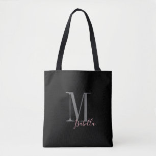 Tote Bag Nom et monogramme noir simple et personnalisé