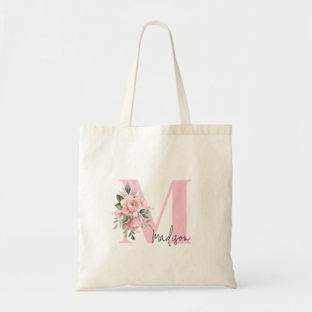 Tote Bag Nom initial élégant moderne Pink Floral Monogramme (Devant)