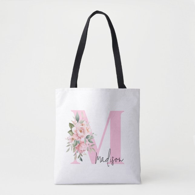 Tote Bag Nom initial élégant moderne Pink Floral Monogramme (Devant)