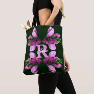 Tote Bag Nom Initial Monogramme Personnalisé Fleur Rose Art