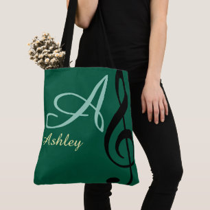 Tote Bag Nom, initiale et noire serrure de clé verte