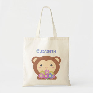 Tote Bag Nom mignon Kawaii Singe et Fleurs rose violet