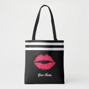 Tote Bag Nom moderne de coutume de rayures de lèvres rouge