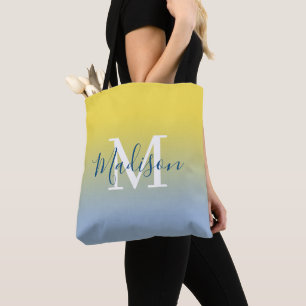 Tote Bag Nom moderne Monogramme Jaune à bleu clair Gradient