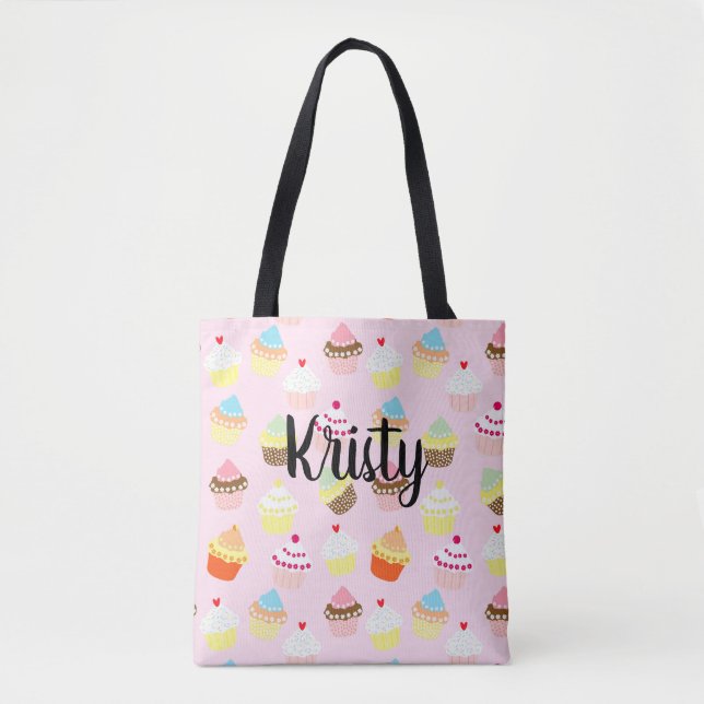 Tote Bag Nom modifiable Cute Cupcake Art Rose (Devant)