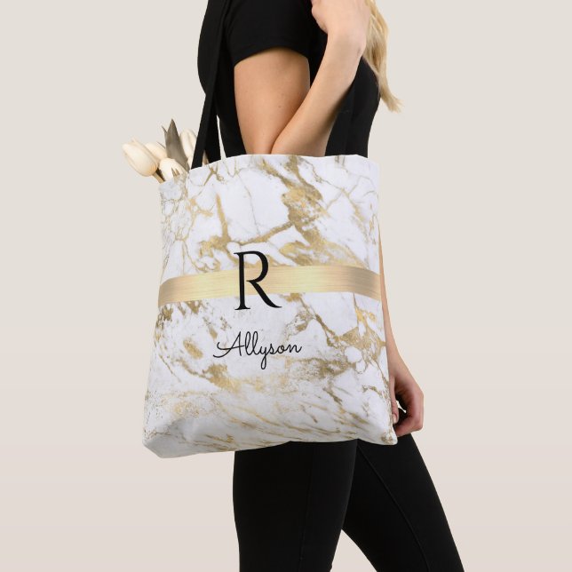 Tote Bag Nom & Monogramme, Barre Dorée, Marbre Blanc Et Dor (De près)