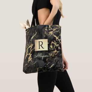 Tote Bag Nom & Monogramme, Boîte Or, Marbre Noir & Or