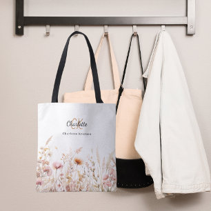 Tote Bag Nom monogramme fleur sauvage beige rose
