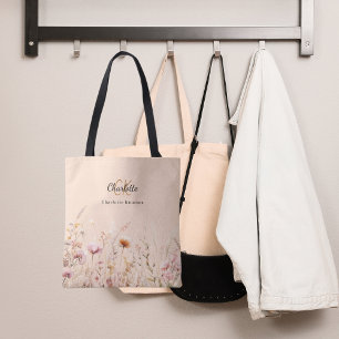 Tote Bag Nom monogramme fleur sauvage beige rose