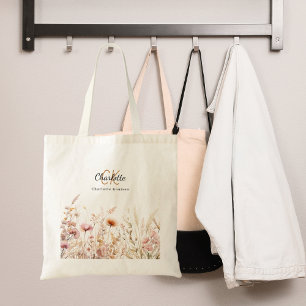Tote Bag Nom monogramme fleur sauvage beige rose