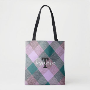 Tote Bag Nom monogramme Turquoise scandinave en plis rose