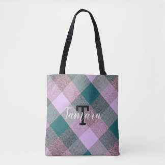 Tote Bag Nom monogramme Turquoise scandinave en plis rose