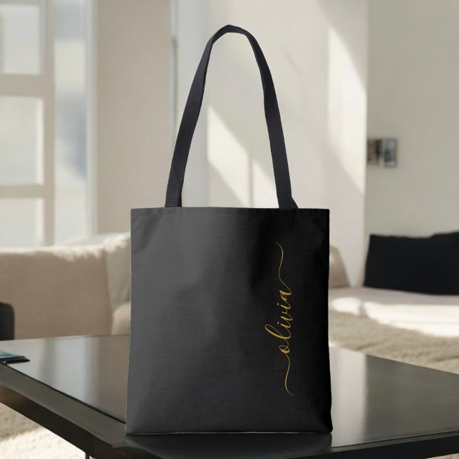 Tote Bag Nom Or Noir Monogramme Féminin Moderne Script (Créateur téléchargé)