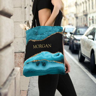 Tote Bag Nom Or sur Agate Noir, Or et Turquoise