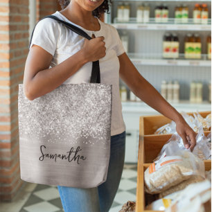 Tote Bag Nom Pailleté Argent Glam