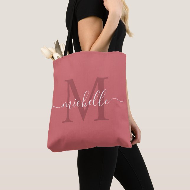 Tote Bag Nom personnalisable et rose corail initial (De près)