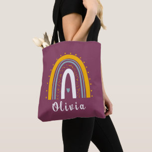 Tote Bag Nom personnalisé avec minimaliste Boho Rainbow
