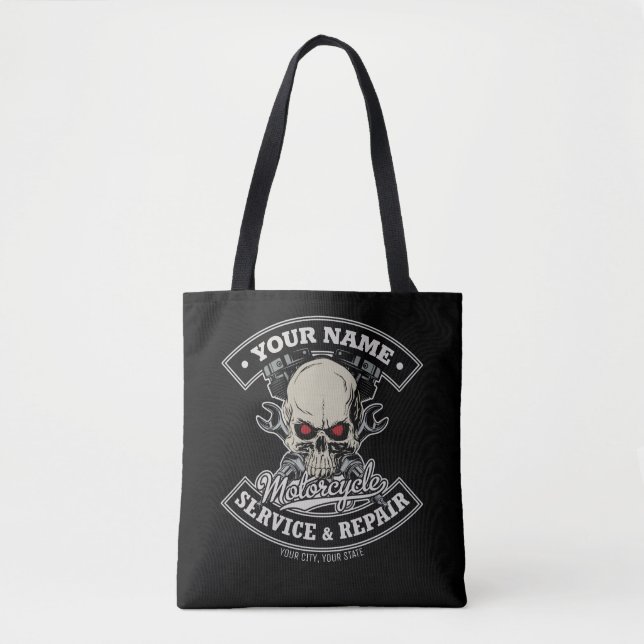 Tote Bag Nom personnalisé Biker Mécanique Skull Motorcycle  (Devant)