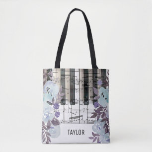 Tote Bag nom personnalisé bleu fleurs musique notes piano