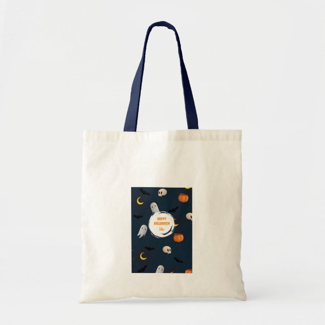 Tote Bag Nom personnalisé Dark Happy Halloween mignonne (Devant)