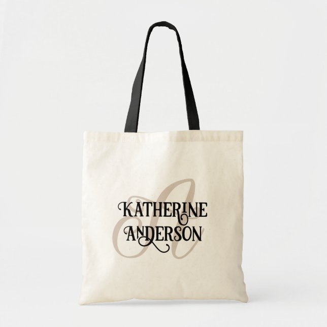 Tote Bag Nom personnalisé élégant et noir et gris initial (Devant)
