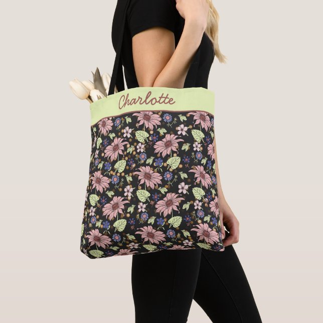 Tote Bag Nom personnalisé fleuri coloré sans couture motif (De près)