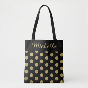 Tote Bag Nom personnalisé Gold Polka Point Noir