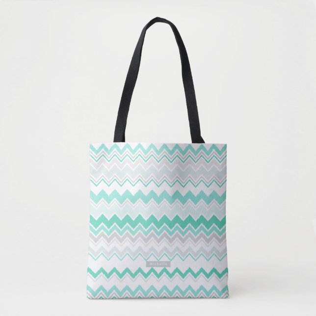 Tote Bag Nom personnalisé Green Ikat Chevron Motif (Devant)