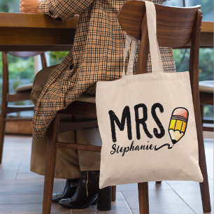 Tote Bag Nom personnalisé l Cute Pencil Typographie Enseign