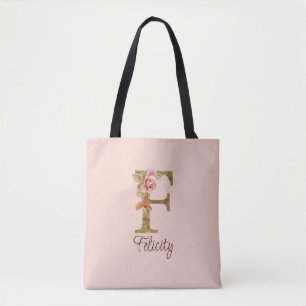 Tote Bag Nom Personnalisé Lettre F Gold Foil Blush Roses Ro