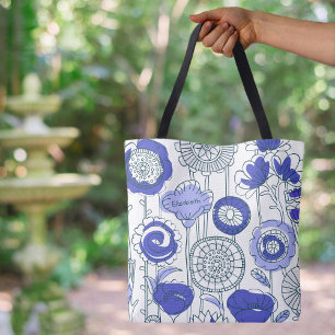 Tote Bag Nom personnalisé mignon Abstrait Artsy Floral Bleu
