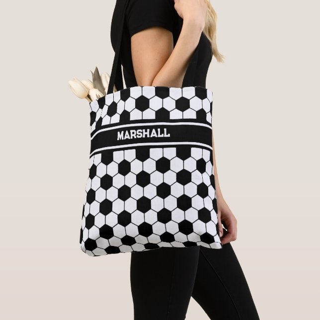 Tote Bag Nom personnalisé motif de balle de football noir e (De près)