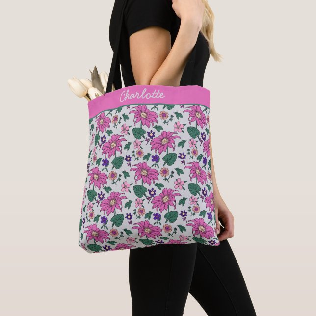 Tote Bag Nom personnalisé motif floral rose transparent (De près)