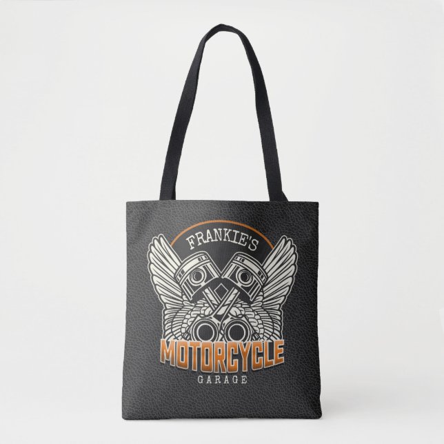 Tote Bag Nom personnalisé Pistons Wings Motorcycle Garage (Devant)