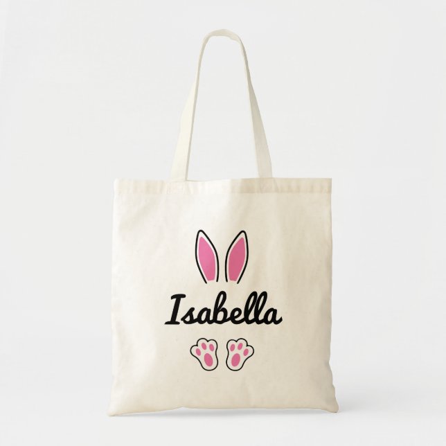 Tote Bag Nom personnalisé rose Lapin de Pâques Oreilles pie (Devant)