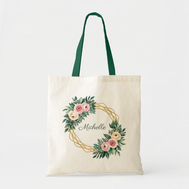 Tote Bag Nom personnalisé tendance Botanical Gold Green (Devant)