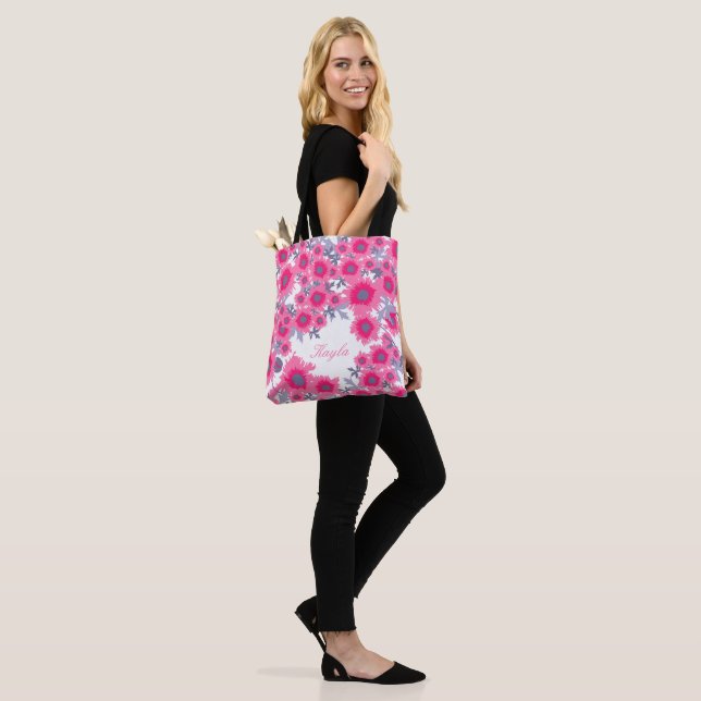 Tote Bag Nom rose et blanc pavot fleurs florales (Sur le modèle)